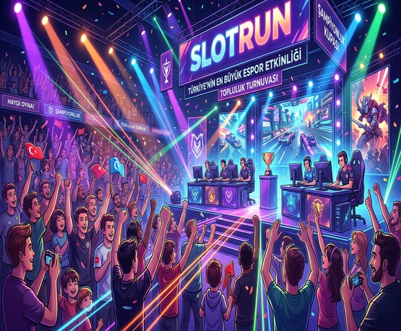 Slotrun Grand Stage turnuva sahnesi ve topluluk görseli